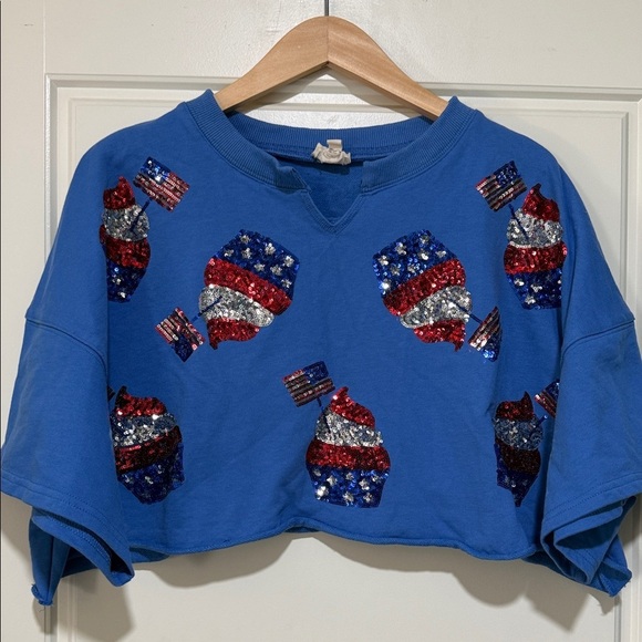 Peach Love California Tops - Peach Love California Blue Crop Top with Sequin Cupcake Design patriotic